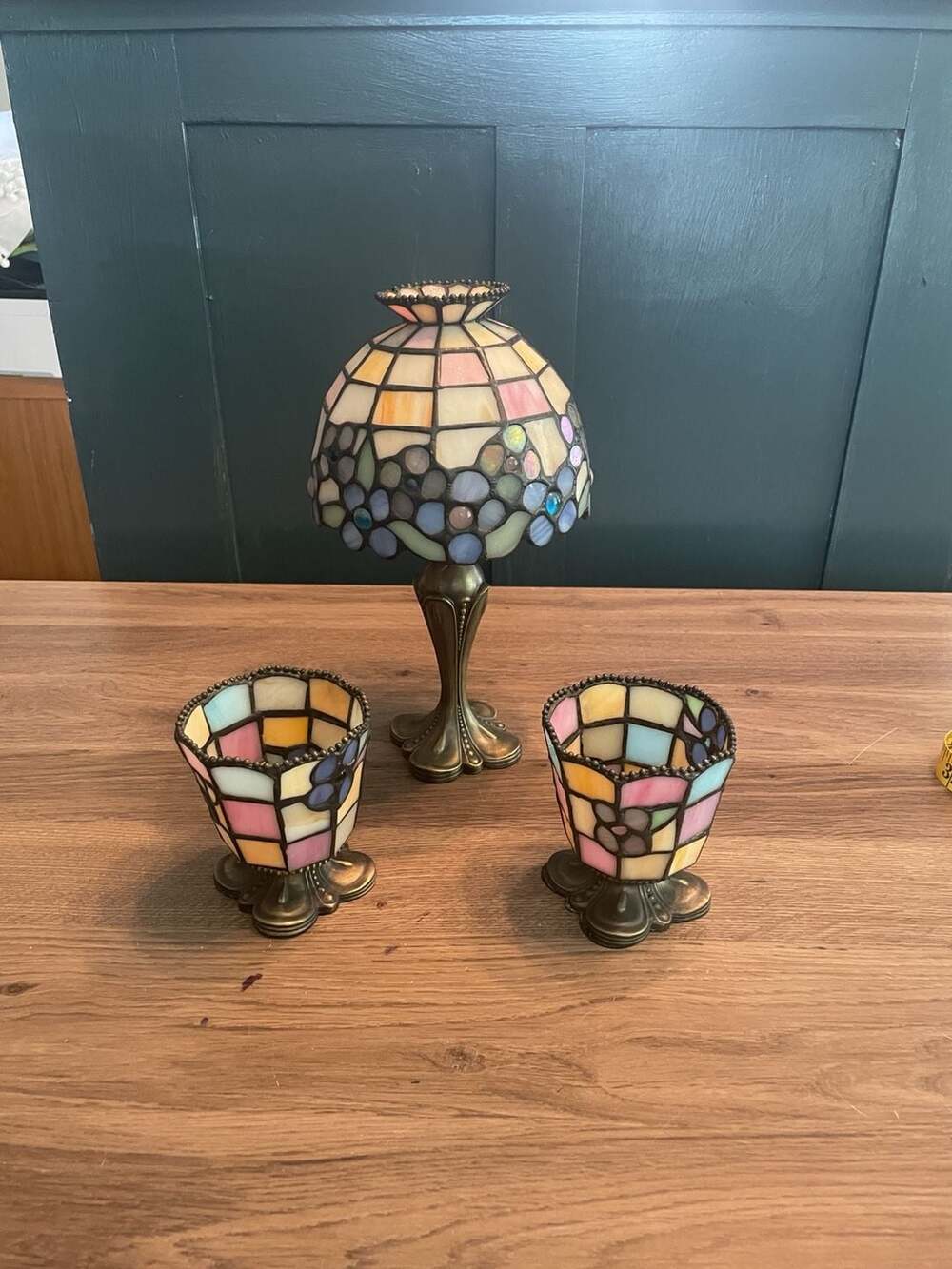 Vintage Partylite Tiffany Style Stained Glass Accent Lamp and Candle Holder Set